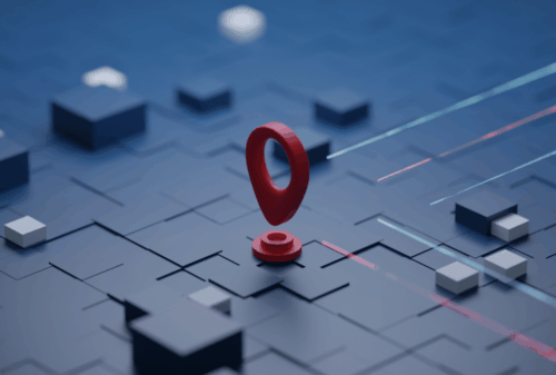 Image is of a red navigator pin on a digital landscape, concept of skip tracing in Seattle