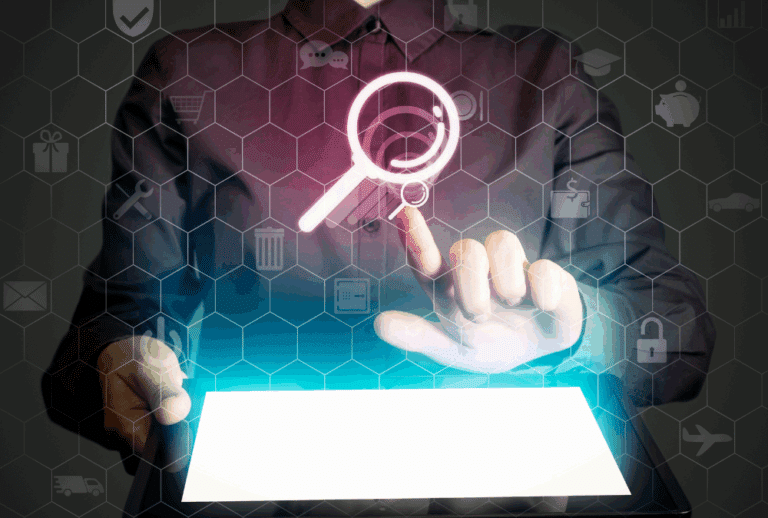 Image is of a a man with a tablet in his hands, concept of online searches, concept of skip tracing