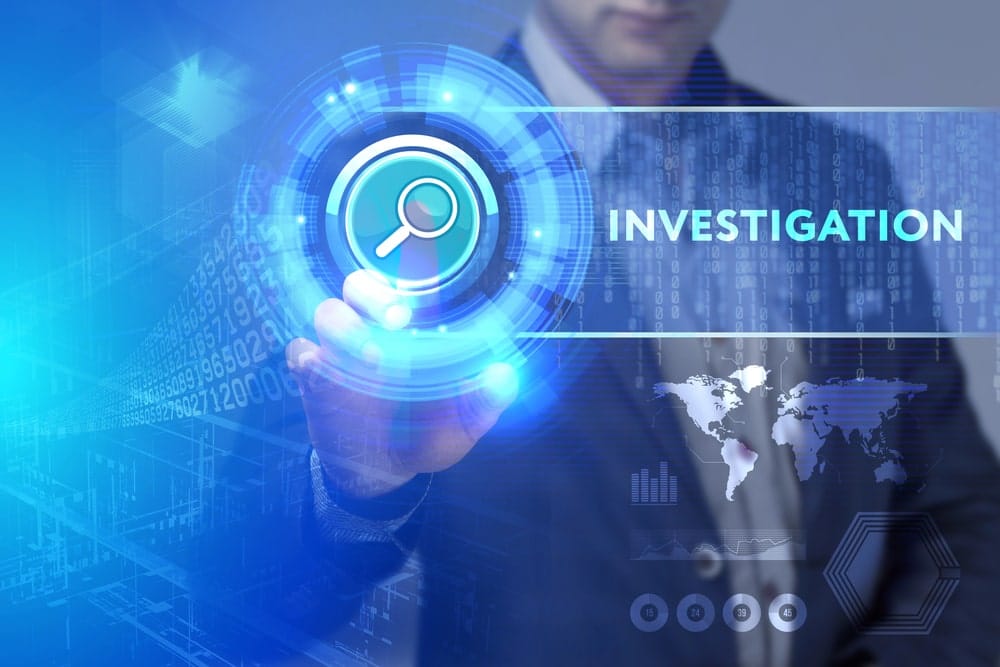 Image is of a digital investigation interface with a magnifying glass and data overlays, concept of asset searches analyzing records to uncover hidden or offshore account activity