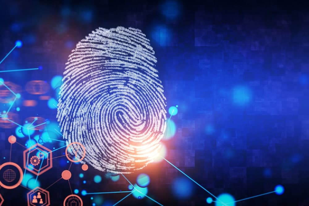 Image is of a detailed fingerprint pattern with digital data overlays, symbolizing fingerprint checks conducted for background checks and identity confirmation.