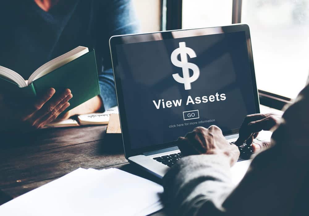Image is of a person reviewing financial data on a laptop, concept of conducting a professional asset search to verify bank accounts.